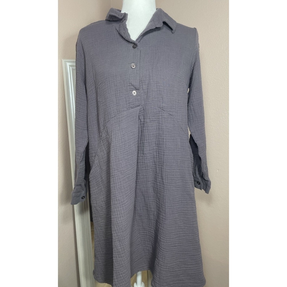 Joan Rivers Gray Gauze Cotton Tunic Dress Button Front Small Petite‎ SP